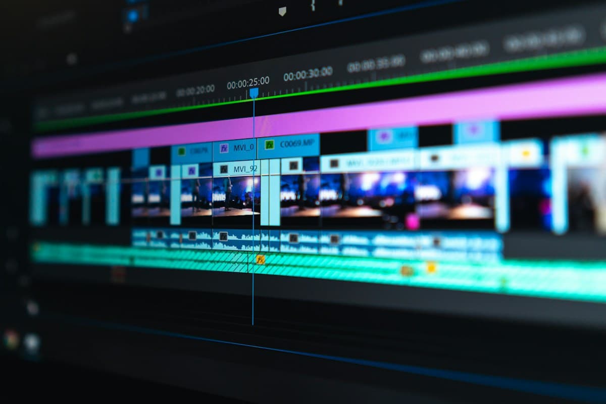 Video editing timeline with footage and audio tracks